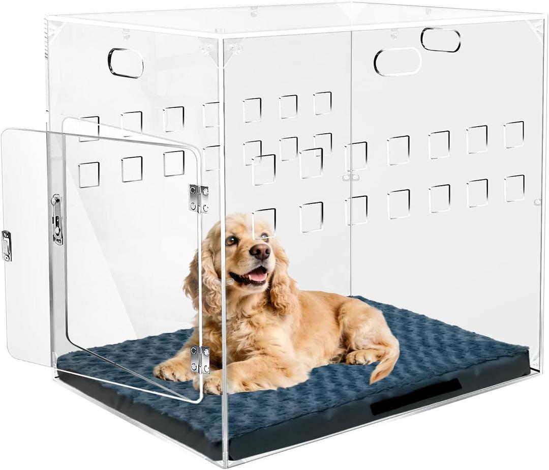Acrylic Dog House, 27.5" L x 20" W x 24.5" H Clear Indoor Dog Crate Furniture for Small & Medium Dogs, Modern Transparent Pet Kennel Furniture with Lock (Extra Large)