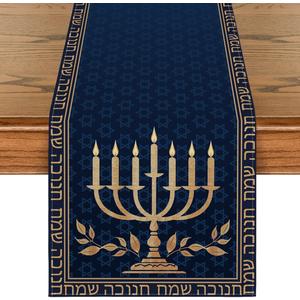 Artoid Mode Candle Menorah Hanukkah Table Runner, Hexagram Chanukah Holiday Kitchen Dining Table Decoration for Home Party Decor 13x90 Inch (Blue)