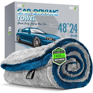 KKV Full-Sized SUV Drying Towel, 48x24 Dual Sided Microfiber Car Cleaning Towel with Twisting Yarn Technique, 1400GSM Super Absorbent, Scratch-Free, Machine Washable (LightGrey-MarineBlue)