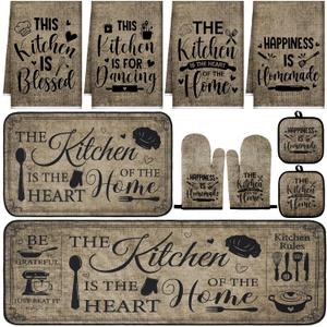 10 Pcs Farmhouse Kitchen Decor and Accessories Set 4 Kitchen Towels 2 Pot Holders 2 Oven Mitts 2 Rugs for Cooking Baking Mom Housewarming Gifts(Vintage Color,Classic Style)