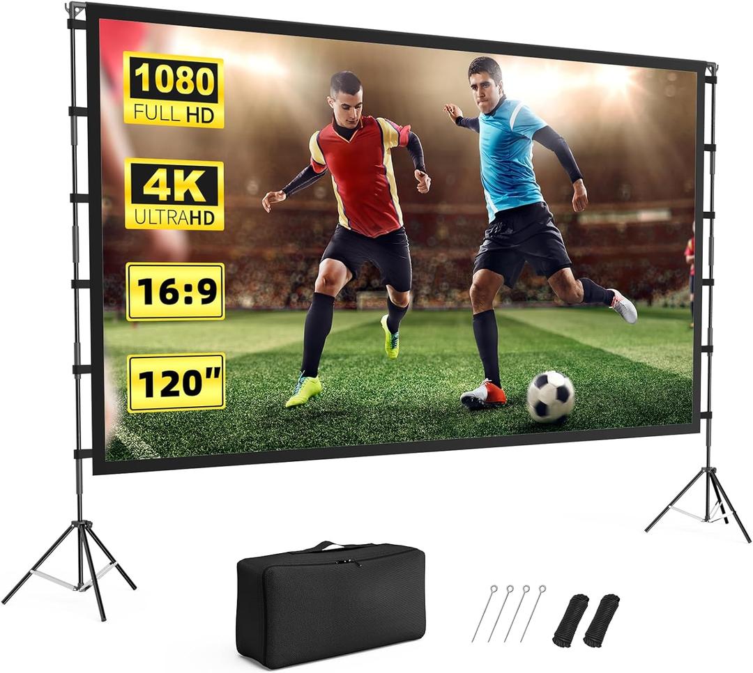 Vamvo Projector Screen Outdoor, Vamvo Projector Screen with Stand Portable 120" Foldable Projector  Screen, 10 Feet Indoor Movie-Screen with Carrying Bag for Home Theater Backyard Movie Night