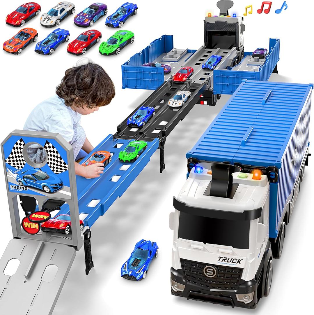 Carrier Truck Race Track Toddlers Toys, Foldable 3 Layer Track Playset, Toy Truck Transport Car Carrier & 8 Race Cars, Truck Car Kids Toys Xmas Gifts for Age 3 4 5 6+ Years Old Boys Girls (Blue)