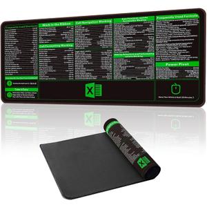 Excel Cheat Sheet Desk Pad,Excel Shortcuts Mousepad,35.4x15.7Extra-Large Waterproof Stitched Edges and Non-Slip Office Desk Mat Keyboard Pad,