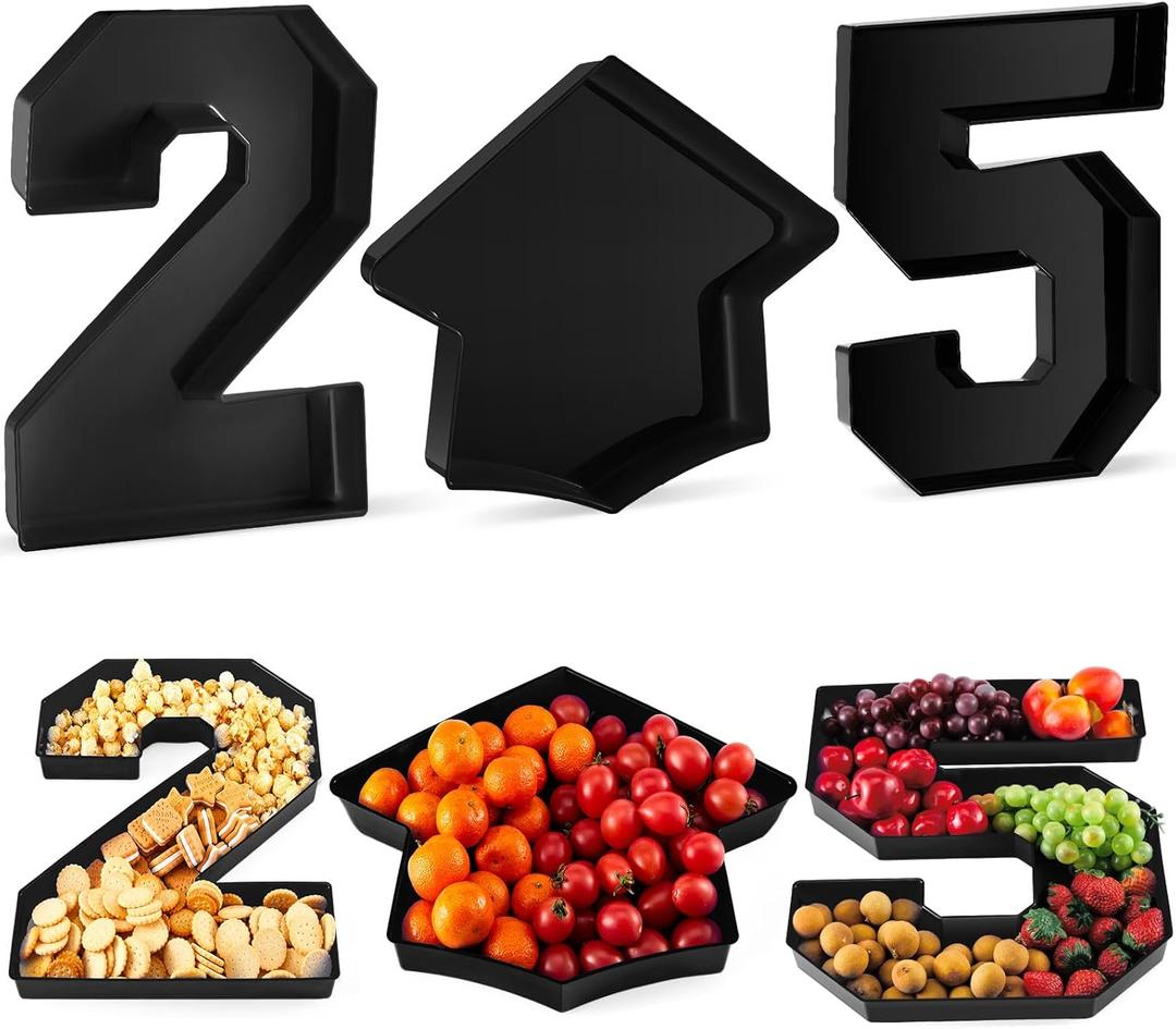 3 Pcs 13.7" Graduation Fillable Letter,Plastic Number Trays for Food 2025,2025 Charcuterie Number,Grad Fillable Letter for Class of 2025 Congrats Grad Party Supplies(Black)
