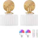 Shenmoyl Vintage Battery Operated Wall Sconce with White Striped Glass Lampshade 5000 mAh Rechargeable Battery Powered Wall Light with Remote Control for Bedside Bedroom Doorway, Set of 2