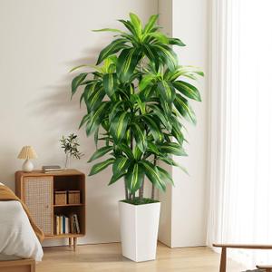 Artificial Dracaena Tree Indoor, 5FT Tall Fake Tree with White Tall Planter, Artificial Tree Fake Yucca Potted Tree for Home Office Living Room DecorTall Artificial Plant for Housewarming