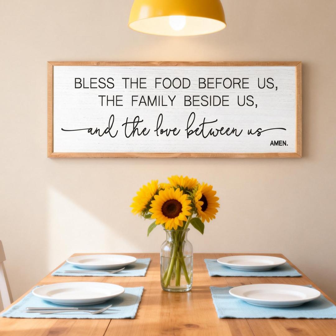 Bless the Food Before Us Wall Decor 4015 Inch, Christian Bible Verse Wall Art, Farmhouse Framed Plaque Sign for Kitchen Dining Room, The Family Beside Us The Love Between Us Religious Wall Hanging