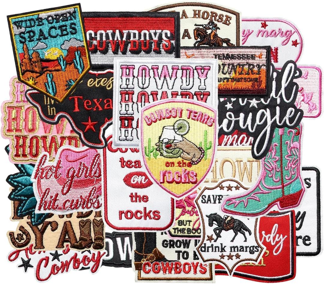 25PCS Western Howdy Iron on Patches, Funny Cute Country Cowboy Cowgirl Meme Boots Embroidered Badges for Clothes, Applique for Shirts, Trucker Hats, Jeans, Jackets, Bags, Dress