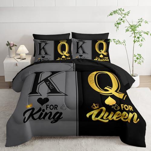 King and Queen Crown Comforter Set Black and Gray Couple Bedding Set，7Pcs Mr Mrs Comforter Set for Adults Couple Men Women,Light Bedding Set 7 Piece in A Bag,Bed Sheet Set Decor KING All Seasons