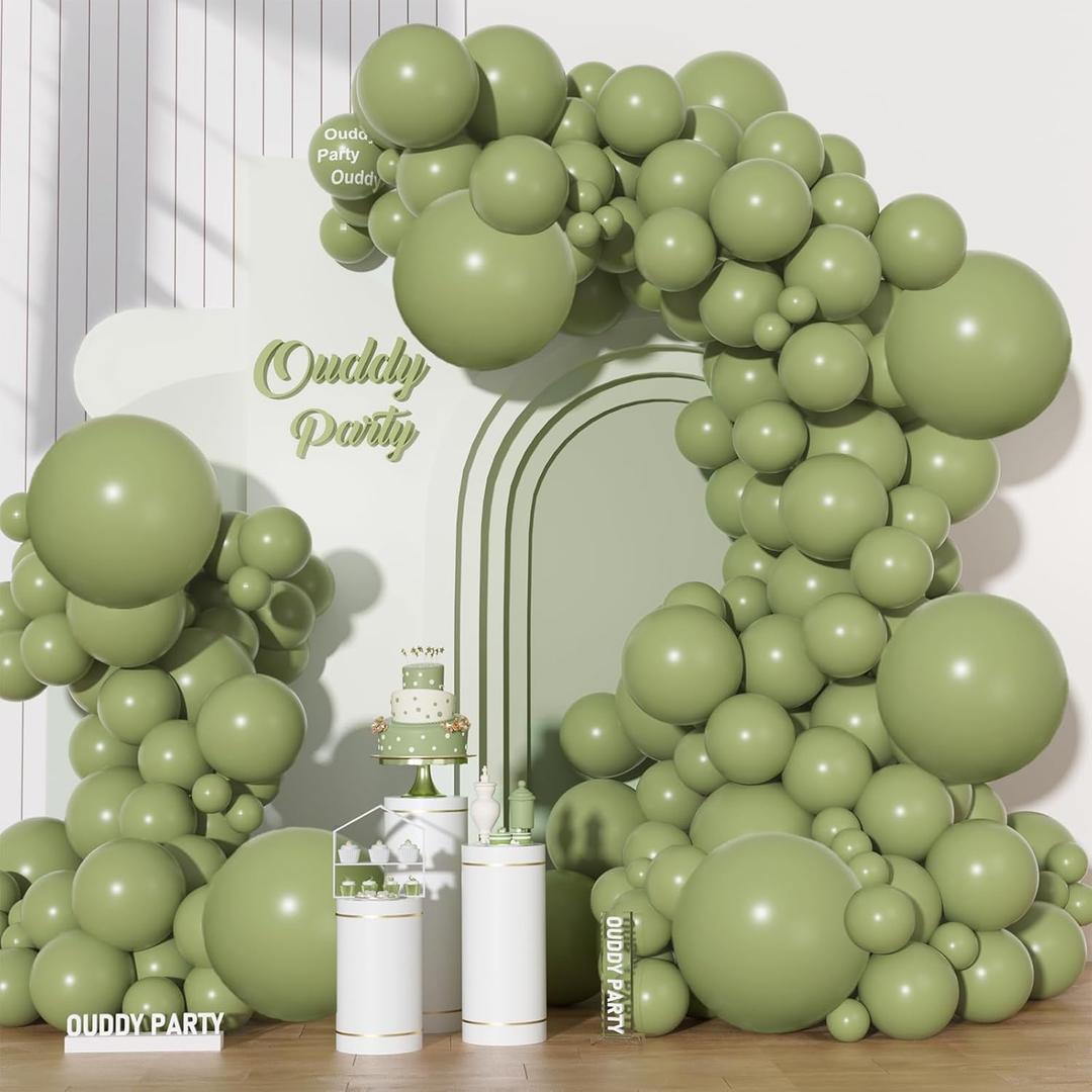 Ouddy Party 129Pcs Sage Green Balloons Different Sizes 18 12 10 5 Inch, 6Pcs 18 Olive Green Balloon Arch Garland Kit, Latex Balloons for Birthday Engagement Wedding Jungle Safari Party Decorations