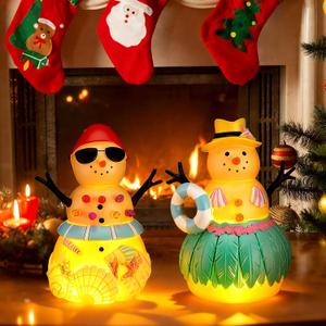 Bucherry 2 Pcs Winter Beach Snowman Figurines with Light Winter Resin Coastal Snowman Decorations Xmas Table Centerpieces for Office Home 3.5 x 3.5 x 5.9
