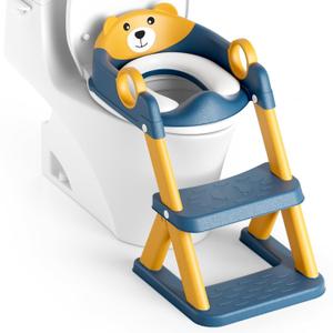 Rabb 1st Potty Training Seat, Toddler Toilet Seat for Kids Boys Girls, 2 in1 Potty Training Toilet with Step Stool, 6 Adjustable Height, Splash Guard, Stable Triangular Anti-Slip Design (Blueyellow)