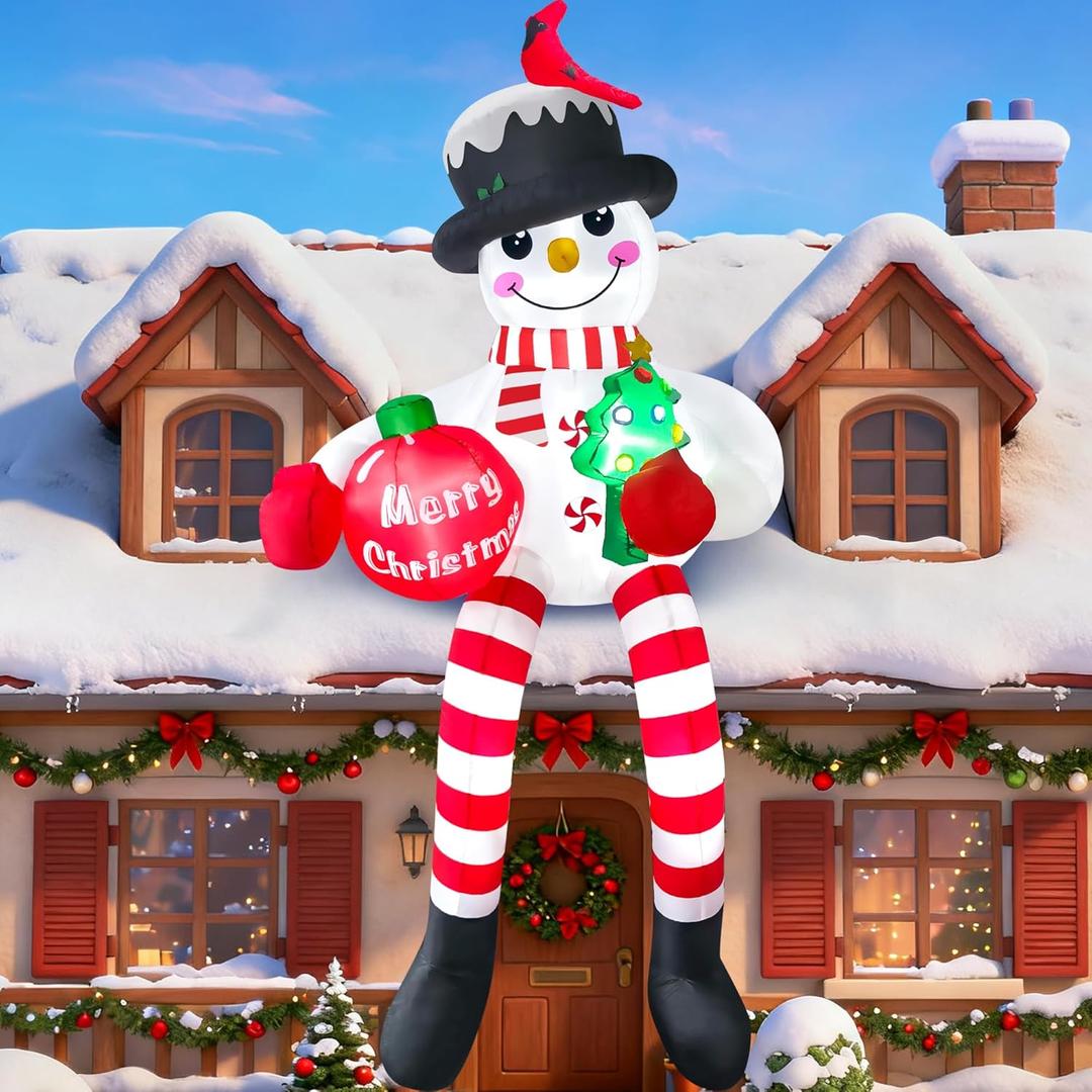 CORALMEE 13FT Christmas Inflatable Snowman Outdoor Decoration, Climbing Snowman Blow up Yard Decoration, with Cardinal and LED Lights, Giant Christmas Inflatables for Patio Garden Lawn Roof Decor