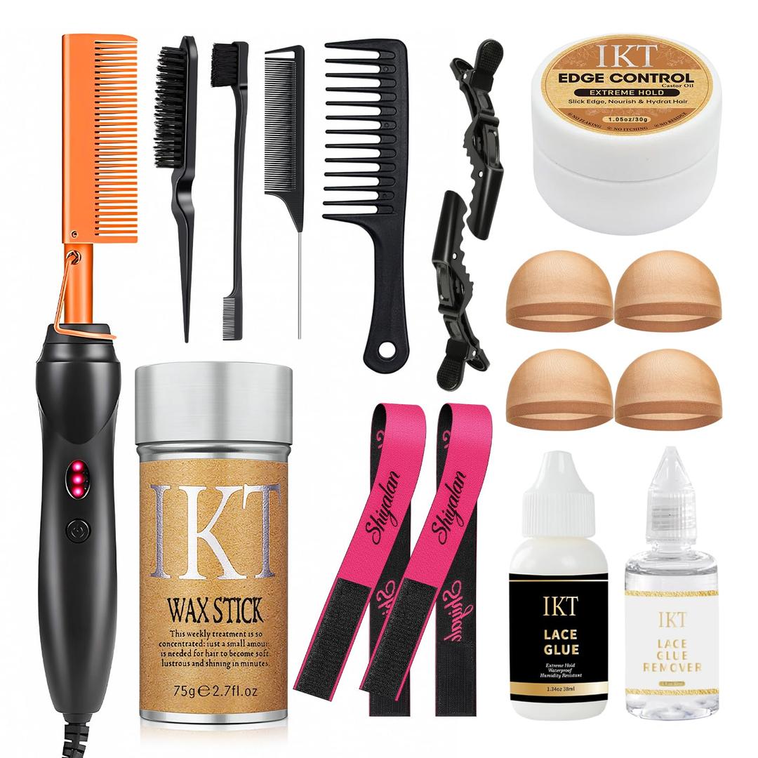 Electric Hair Straightener Comb Curling Iron for Natural Black Hair Wigs Pressing Combs with Wig Glue, Rat Tail Comb Salon Clips (17 Pcs)