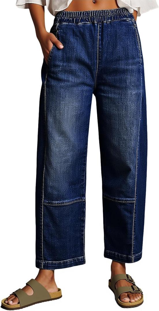 Cicy Bell Womens Baggy Cropped Jeans Elastic High Waisted Wide Leg Trendy Stretchy Seam Barrel Capri Denim Pants (M)