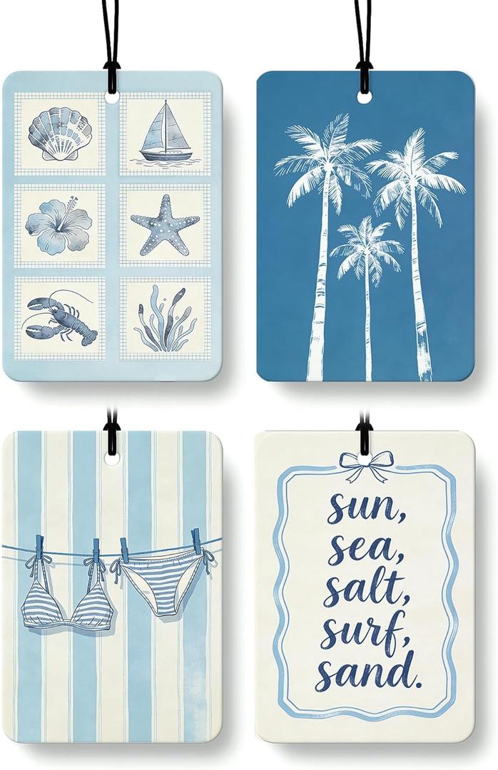 Blue Summer Beach Car Air Freshener 4 Pcs Coconut Scented, Coastal Bikini Palm Tree Car Accessories Mirror Decor for Women, Girly Beachy Hanging Air Freshener for Cars Closet Drawer Books