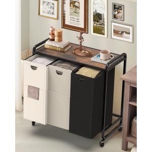 Laundry Sorter 3 Section, Laundry Basket with Wheels, 315.8 Gal (60L) Laundry Hamper Organizer with Large Wooden Desktop Sorter, Pull-Out and Removable 900D Oxford Fabric Laundry Bags for Laundry Room (Black+Gray+White)