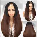 Quantum Love Brown Layered U Part Wigs V Part Yaki Straight Glueless Clip in Half Wigs for Women Realistic Natural Looking Heat Resistant Synthetic Hair(24inch,Black Brown)