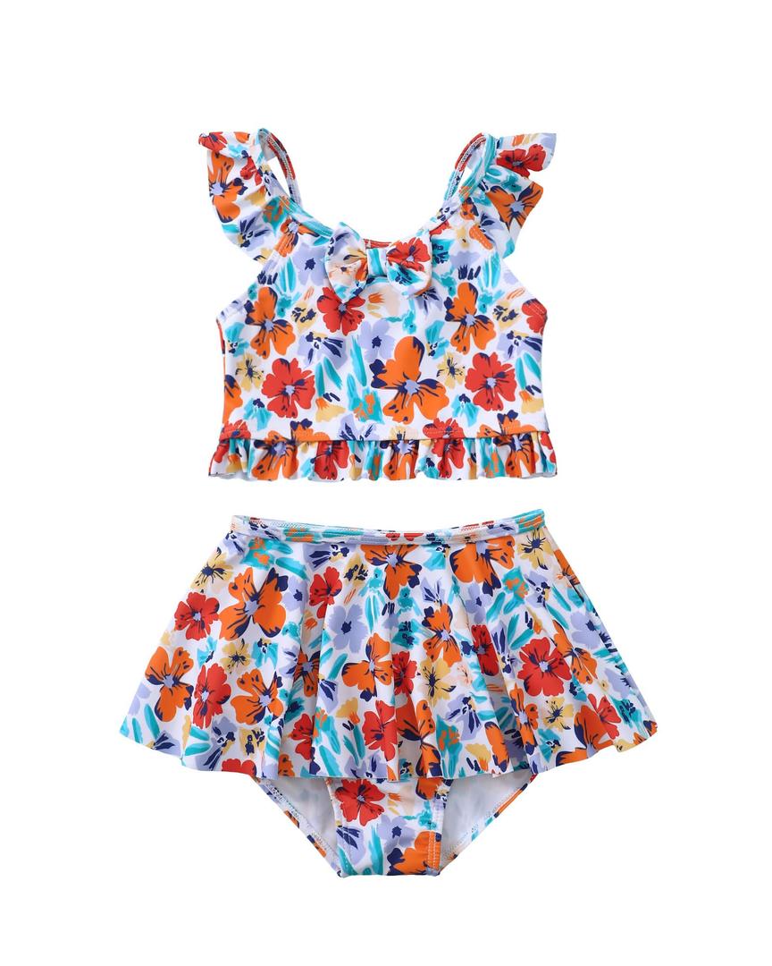 Saeaby Girls Two Piece Swimsuit Tankini Bathing Suit for Little Girl Adjustable Straps Ruffled Kids Swimwear Blue Floral Bikinis Swimsuits Girl 4-5T