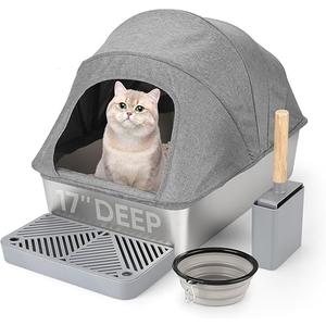 Stainless Steel Litter Box | (24" L x 16 W)Enclosed Cat Litter Boxes with Lid for Big Cats | High Sided, Anti-Urine Leakage | Non-Stick Bottom & Includes Litter Mat & Metal Scoop