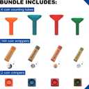 ESSENTIAL 144 Pcs Assorted Preformed Coin Wrapper Rolls with Color Coded Coin Counter Tubes and Coin Wrapper Crimping Tool