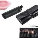 Makeup Brush Bag, PU Leather Makeup Brush Organizer, 16 Slots Portable Makeup Brush Pouch, Travel Mesh Cosmetic Bag With Foldable Makeup Brush Cleaner Bowl