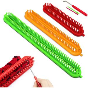 Katech 3 pcs Rectangle Knitting Looms Set Dense Pegs Loom Knitter Different Sizes Colorful Plastic Weaving Looms Set DIY Yarn Weaving Kits with a Crochet Hook and Needle (Color is Random)