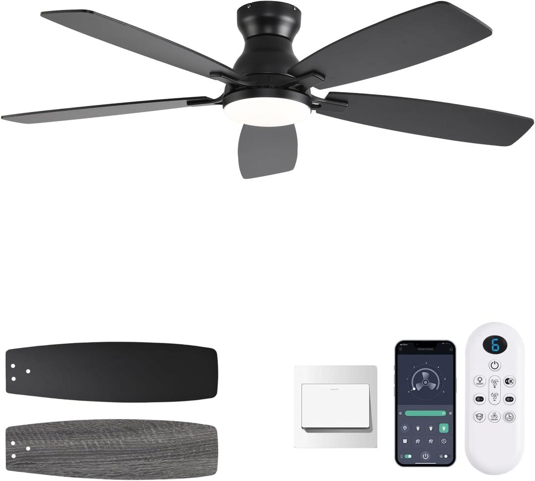 52inch Flush Mount Ceiling Fans with Lights and Remote Control/APP Control, DC Reversible Motor, Noiseless, Dimmable, Low Profile Black Ceiling Fan for Bedroom Indoor/Outdoor Use