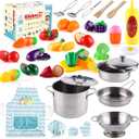 35 Pcs Kitchen Pretend Play Accessories Toys,Cooking Set with Stainless Steel Cookware Pots and Pans Set,Cooking Utensils,Apron,Chef Hat,and Cutting Play Food for Kids,Educational Learning Tool, child-size