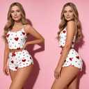 Red Heart Print Pajama Set for Women Ribbed Stretch Cami Top and Shorts, Cute Soft Loungewear Sleepwear (Red, L)