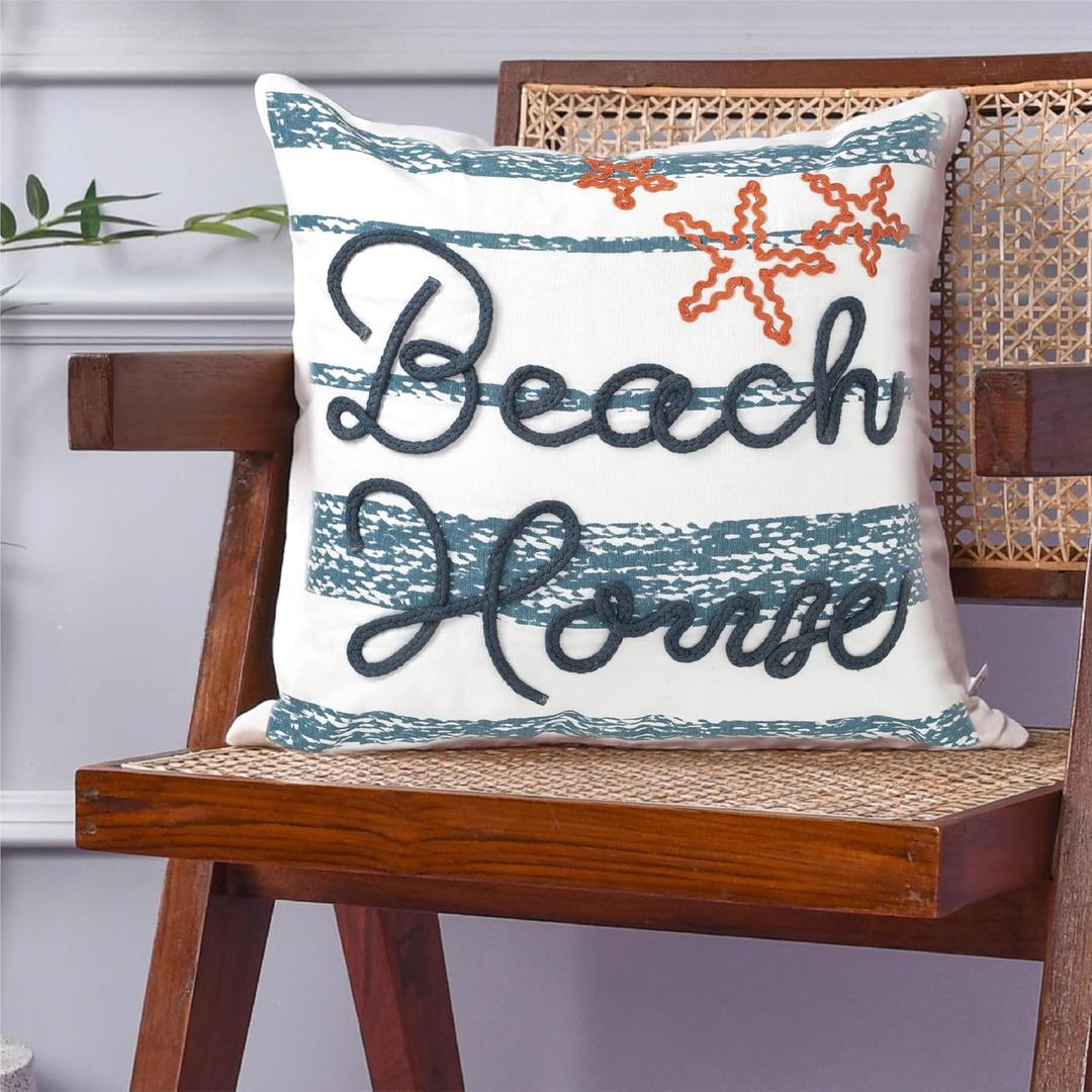 Folkulture Throw Pillow Covers for Couch | 18x18 Decorative Pillows for Couch | 100% Cotton Throw Pillows for Bed or Boho Throw Pillow | Couch Covers for Living Room Decor (Beach House)