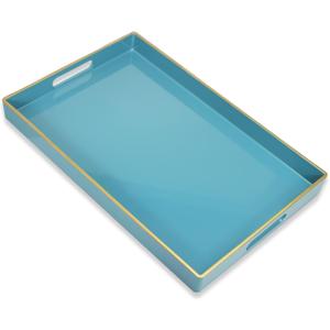 Teal Blue Decorative Coffee Table Tray, Rectangular Plastic Serving Tray with Handles for Living Room, Ottoman, Bathroom, 15.7"*10.2"