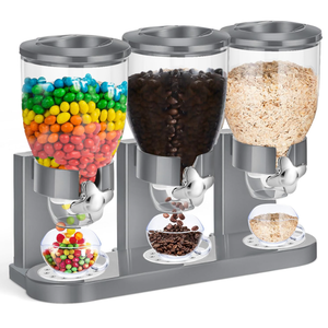 Umigy 1 Pack Triple Indispensable Dry Food Dispenser 67oz Each Capacity Cereal Container for Storage Preserving Dispensing Kitchen Rice Candy Nuts Dog Food Granola Snack Gumball Countertop (Gray) 