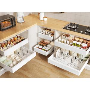Seinloes 6 Pack Pull out Cabinet Organizer 21"Deep with Raising Pad for Framed Cabinets, Expandable Slide out Drawers for Kitchen Cabinets with 6pcs Divider Racks, Roll out Shelves 12.1"-20.4" W White