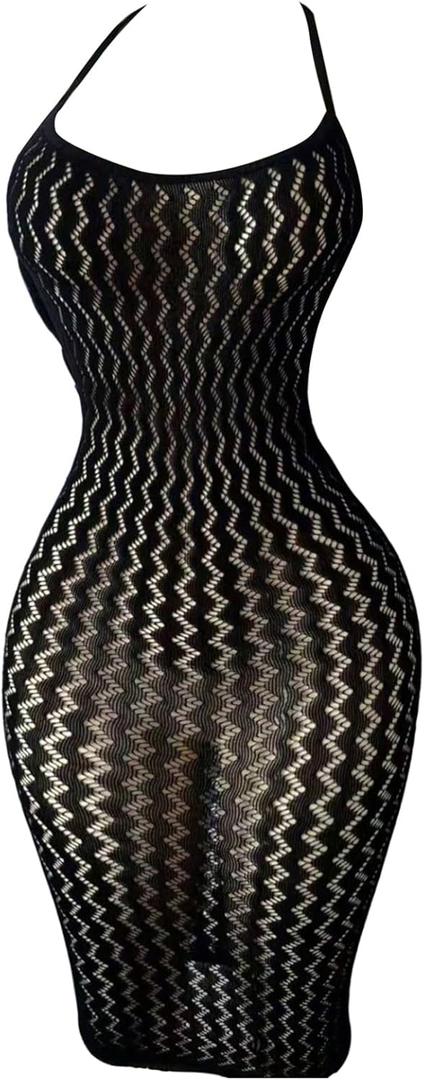 OYOANGLE Women's Fishnet Mesh Halter Lingerie Dress Sexy Bodycon Hollow Out See Through Chemise Beach Cover Up Dress Black One Size