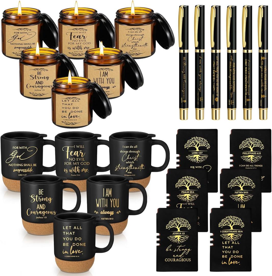 FillTouch 24 Pcs Christian Gift Church Father's Day Bulk Religious Bible Verse Prayer Journal Coffee Mug Candle Set for Man of God Pastor Father Dad Bible Study CNA Gifts (Courage,Black)