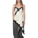 Women Silk Satin Extra Long Camisole Lace Asymmetrical Trim Cami Tank Crop Tops Y2k Silky High Low Hem Lace Layering Slip Dress White Small 