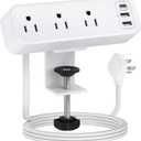 3 Outlet Desk Clamp Power Strip with USB C, White Flat Plug Desktop Edge Power Strip, Desk Mount Clamp Socket Connect 6.5 ft Thin Extension Cord for 1.6 inch Tables.