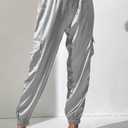 Women's Satin Cargo Joggers Pants Dressy Casual Silky Elastic High Waist Trousers (S)