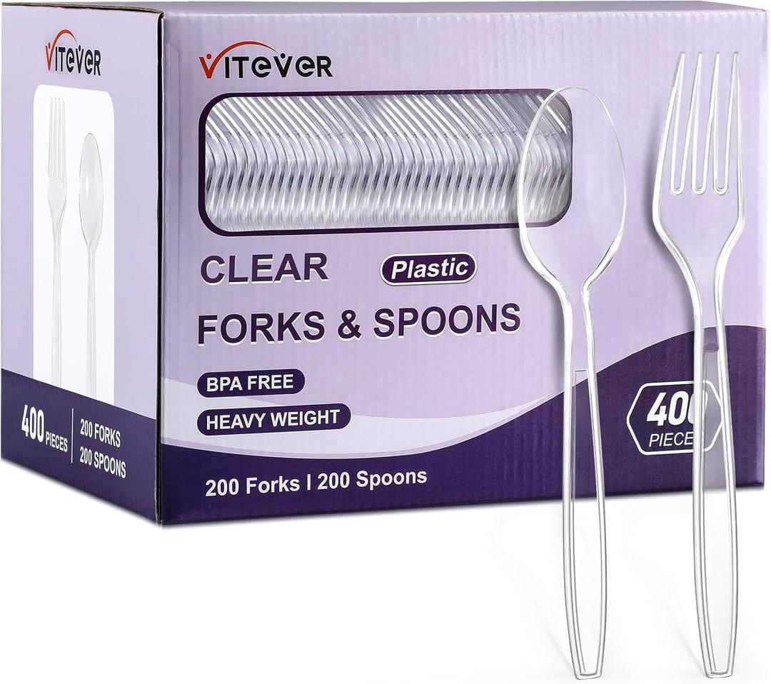 [400 Count] Clear Plastic Forks and Spoons Set Bulk - Heavy Duty Disposable Spoons and Forks Silverware, Plastic Utensils Cutlery Set for Party
