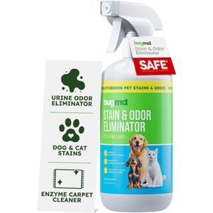 BugMD Pet Odor Eliminator & Stain Remover Spray for Dogs & Cats, 32 oz - Enzymatic Cleaner & Urine Odor Destroyer, Unscented Formula Eliminates Strong Odors