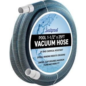 Swimming Pool Vacuum Hose 1-1/2" x 25-Ft, Swivel Cuff Kinkproof Design, Made in USA, Connects to Vacuum Head, Skimmer, Filter Pump for Cleaning In Ground and Above Ground Pools