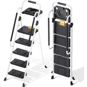 KINGRACK Folding 5-Step Ladder, 800 lbs Capacity Step Stool with Safety Lock, Tool Tray, Non-Skid Wide Steps, Handrail, Household Folding Ladder for Home, Garden, Painting, Outdoor, and Garage, White