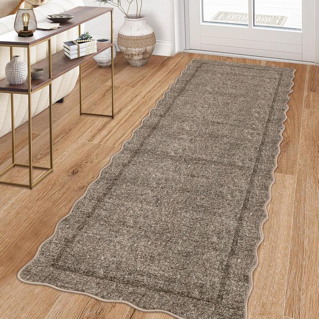 GarveeHome Scalloped Washable Runner Rug 2x6 Runner Non Slip Kitchen Rug Modern Taupe Rug Entryway Rug Farmhouse Soft Bathroom Rugs Stain Resistant Carpet for Hallway Laundry Bedroom 2 ft x6 ft Taupe
