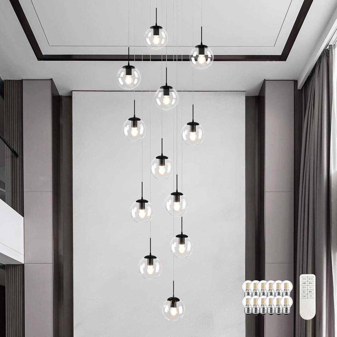 KoKo&Yukina 12-Light Black Mid Century Modern Chandelier for Living Room Staircase Chandelier for Entryway Clear Globe Glass Chandelier High Ceiling Chandeliers Foyer Entryway (Bulb & Remote Incl.)