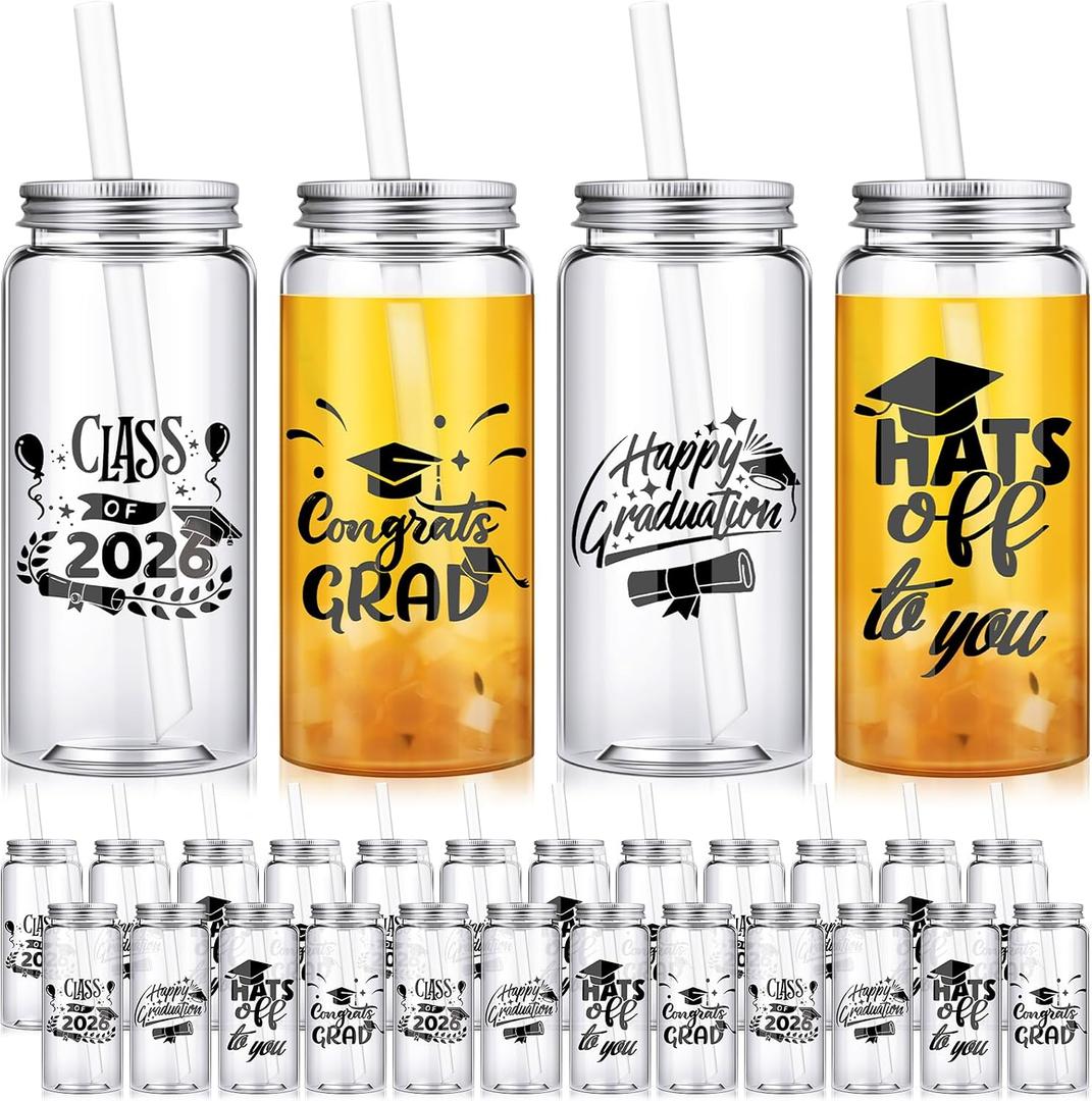 Jingmore 24 Pcs Black Graduation Cups with Straws Bulk 13.5 oz Class of 2026 Plastic Mason Jars Reusable Tumbler Coffee Tea Hot Cocoa Beverage Happy Graduation Tumbler for Congrats Grad Party Gifts