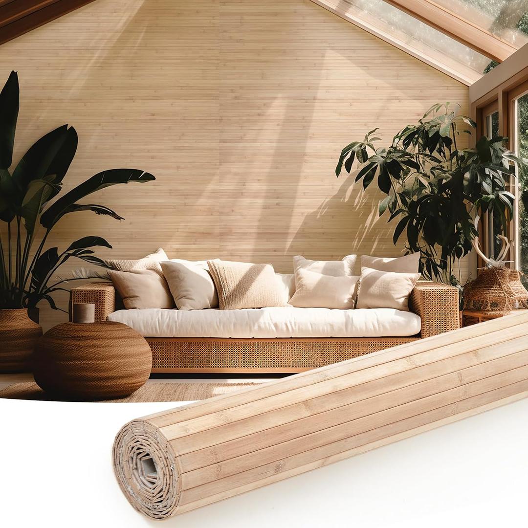 Juexica 1 Pcs Natural Bamboo Wall Panel for Interior Wall 48''x96'' Bamboo Covering Renewable Pole Wainscoting Room Divider Wrap Decor for Bedroom Living Room Kitchen Island Office (Light Carbonized)