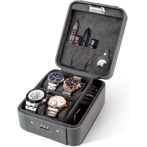 KAMIER Watch Case with Combination Lock - 4 Watch Storage and Jewelry Organizer - Watch Travel Case for Ring and Watch Storage, PU Leather Travel Watch Case, Ideal for Gift (With Gift Box), Grey