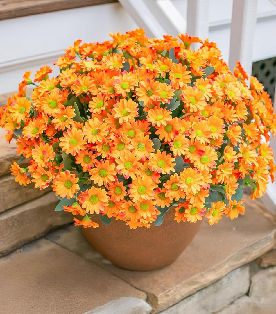 Daisy Artificial Flowers for Outdoors Winter Decoration, 6 Bundles Fake Mums Orange Silk Flowers for Outside Look Real UV Resistant Fake Plants Faux Flowers for Planter Front Door Home Indoor Urn