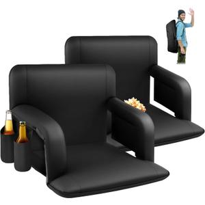 25 Inch Wide Stadium Seats 2 Pack, Bleacher Chairs with Back and Cushion, Reclining Bleacher Seat with Backrest, Stadium Chair Bleacher Cushion (Black)